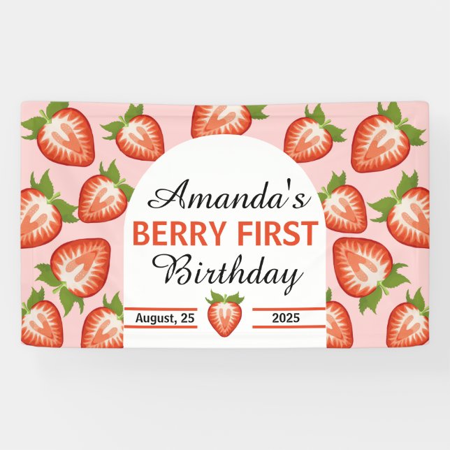 Berry First Baby Girl Pink Birthday  Banner (Horizontal)