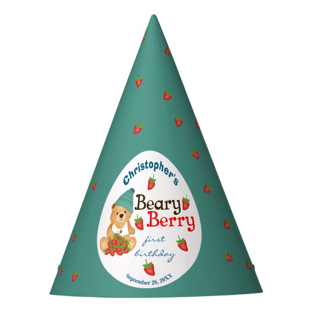 Berry First Beary First Birthday Strawberries Cub Party Hat (Front)