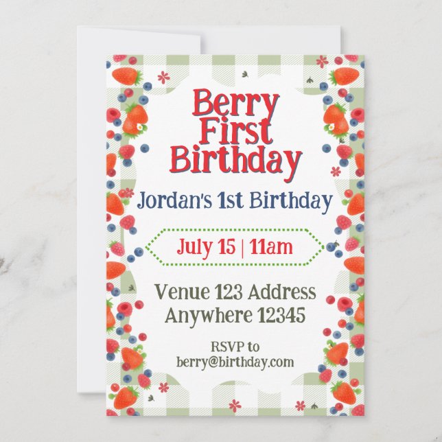 Berry First, Berries & Green Plaid 1st Birthday Invitation (Front)