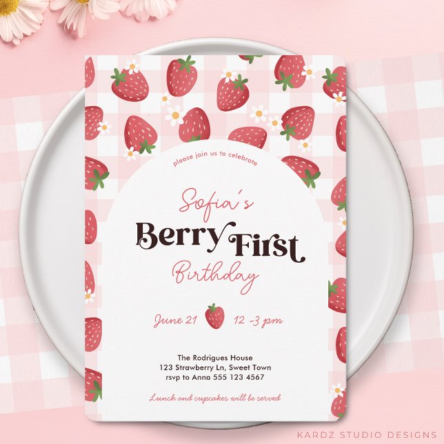 Berry First Birthday 1st Birthday Invitation (Invite shown in 5 x 7 inches size with rounded corners. Personalize size, paper and, corner style)