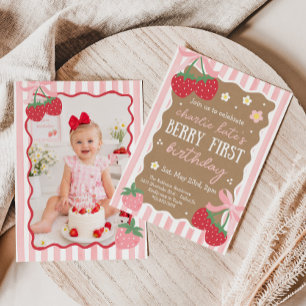 Berry First Birthday 1st Birthday Strawberry Photo Invitation