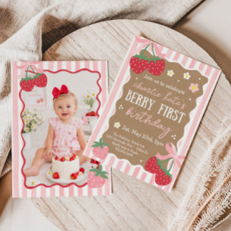 Berry First Birthday 1st Birthday Strawberry Photo Invitation