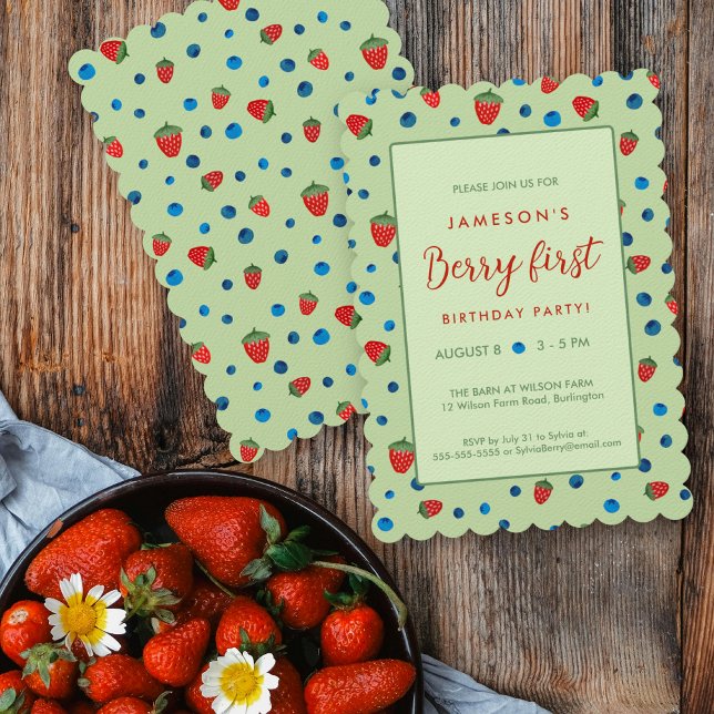 Berry First Birthday Blueberries and Strawberries Invitation (Creator Uploaded)