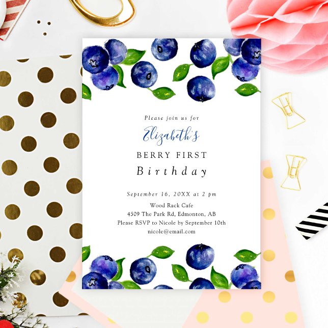 Berry First Birthday Blueberry Watercolor Elegant Invitation (Creator Uploaded)