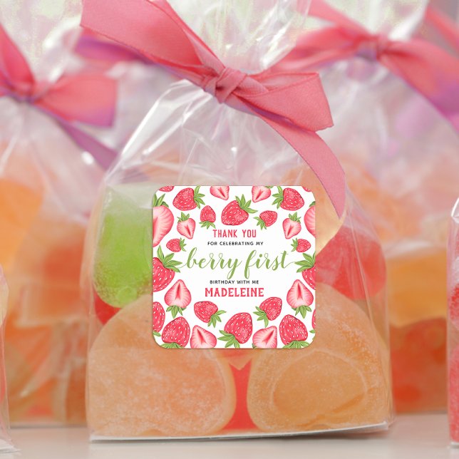 Berry First Birthday Cute Strawberry Thank You  Square Sticker (Creator Uploaded)