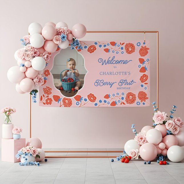 Berry First Birthday Cute Strawberry Welcome Photo Banner (Berry First Birthday Cute Strawberry Welcome Photo Banner)