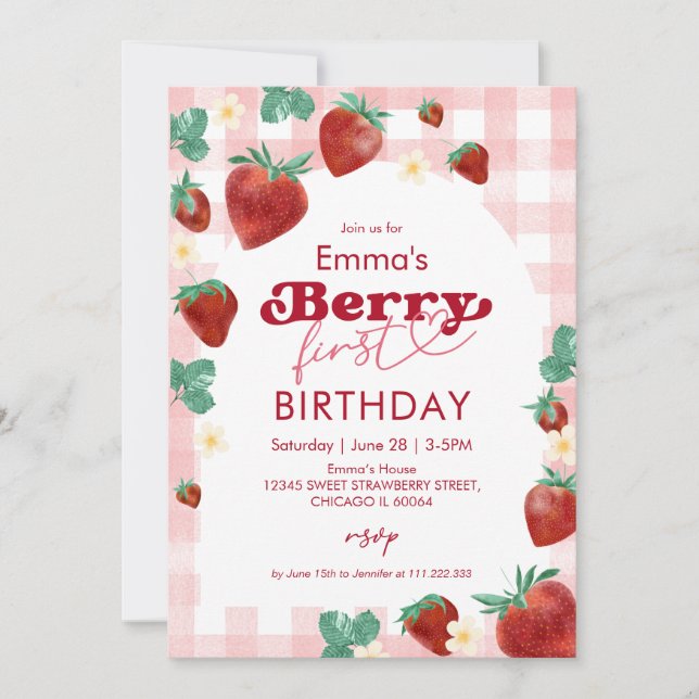 Berry First Birthday Girl 1st Birthday Strawberry Invitation (Front)