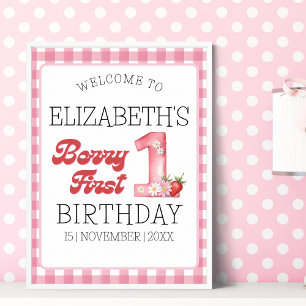 "Berry First Birthday Girl with Strawberry Theme Poster