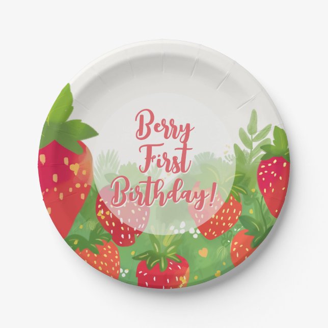 Berry First Birthday Girls Strawberry 1st Paper Plate (Front)