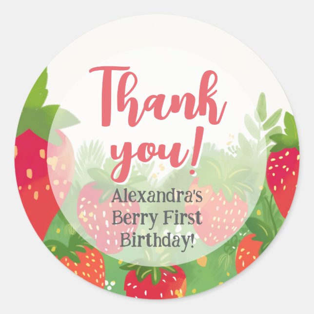 Berry First Birthday Girls Strawberry Thank You Classic Round Sticker (Front)