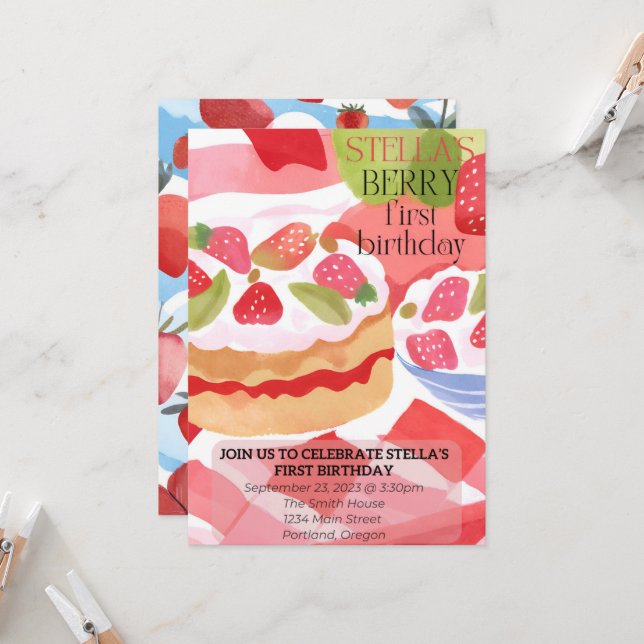 Berry First Birthday Invitation (Front/Back In Situ)