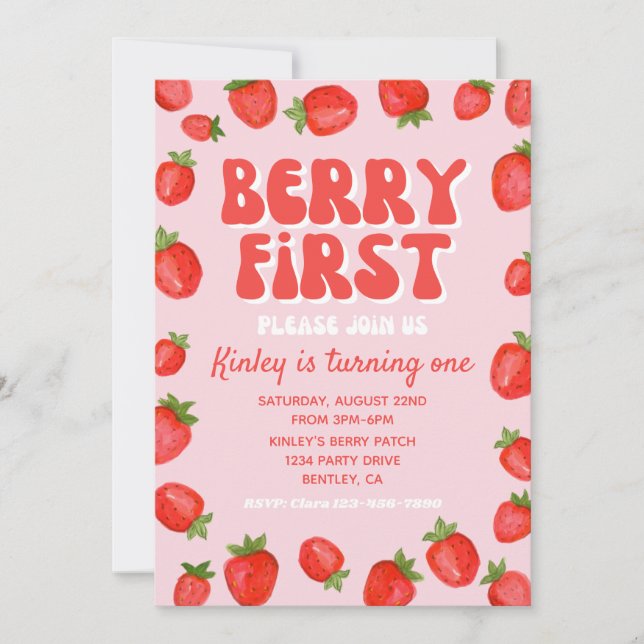 Berry First Birthday Invitation | Strawberry (Front)