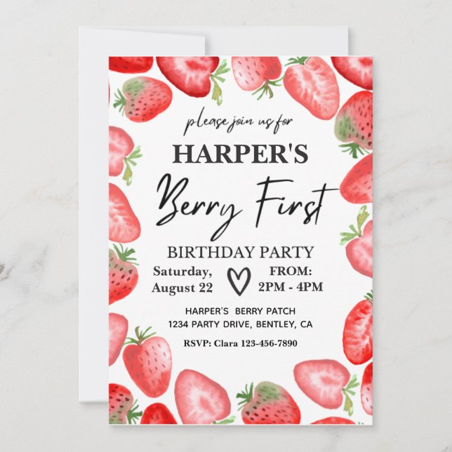 Berry First Birthday Invitation | Strawberry (Front)