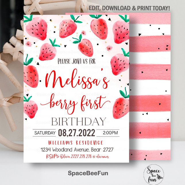 Berry First Birthday Invitation Strawberry Birthda (Strawberry invite,First Birthday,Evite Electronic,Text Message,modern Berry,1st girl,Strawberry Part)