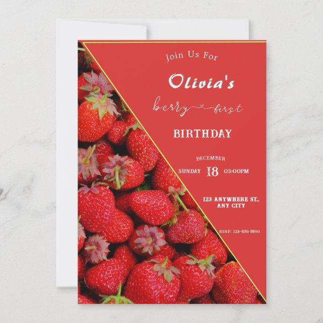 Berry First Birthday Invitation | Strawberry Theme (Front)