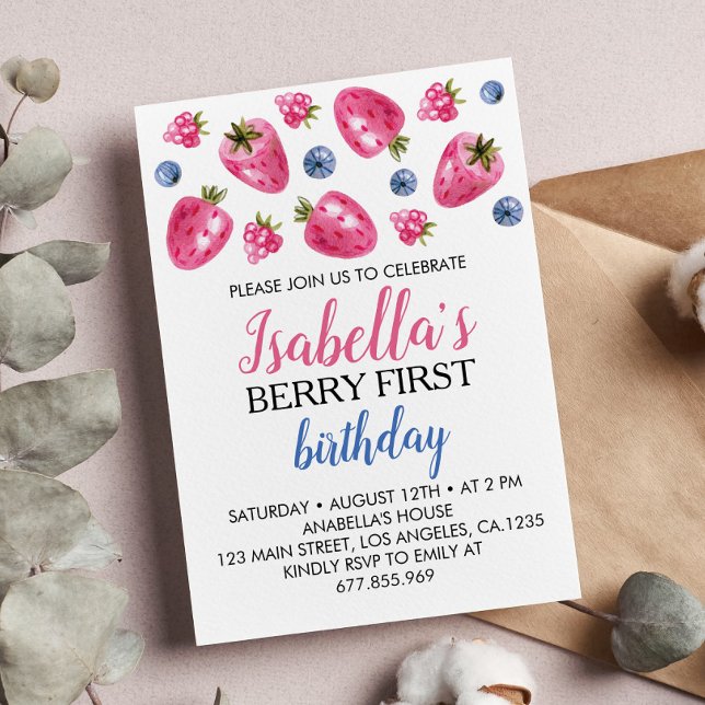 Berry First Birthday Invitation Strawberry Theme (Creator Uploaded)