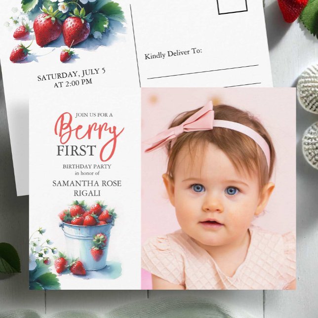 Berry First Birthday Invitations (Berry first birthday invitations watercolor pint of strawberries with photo)