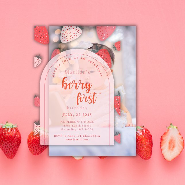 Berry First Birthday Party 1st Strawberry Arch Vellum Invitations (Creator Uploaded)