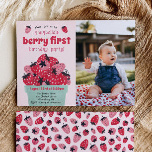 Berry First Birthday Party Photo Strawberry Invitation