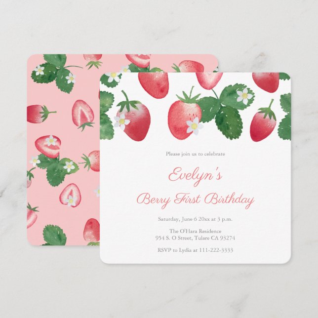 Berry First Birthday Party Strawberries Invitation (Front/Back)
