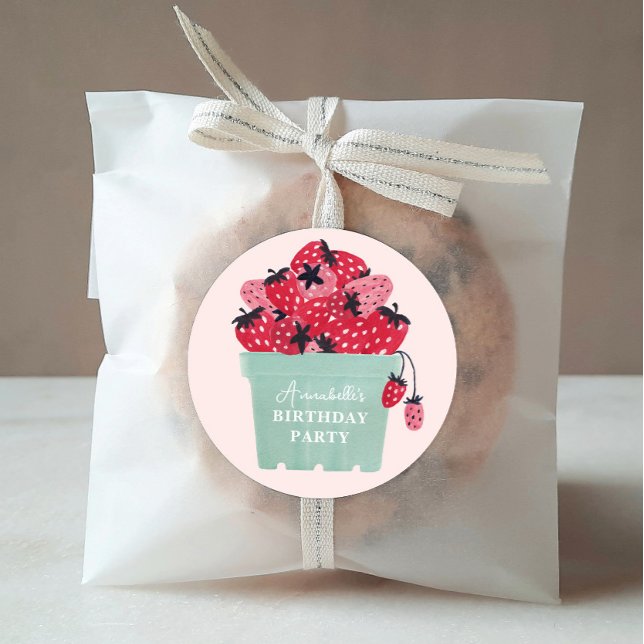 Berry First Birthday Party Strawberry Classic Round Sticker (Berry Sweet Favor Sticker)