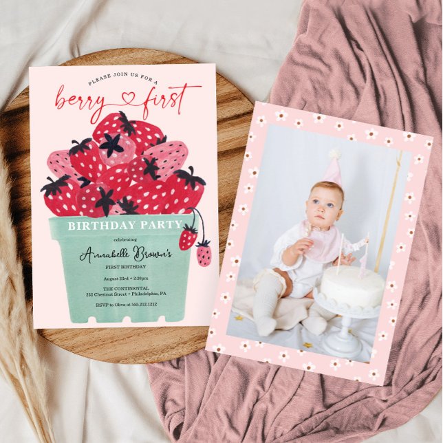 Berry First Birthday Party with Photo Strawberry Invitation (Berry First Birthday Invitation)