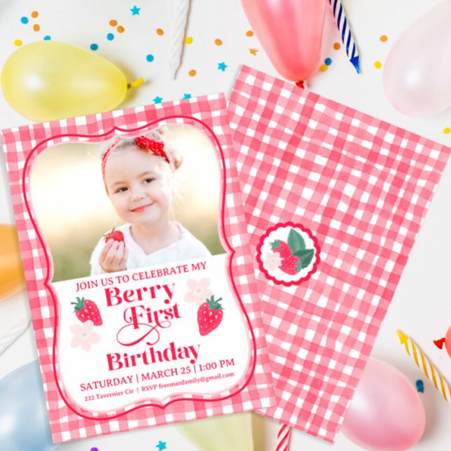 Berry First Birthday Photo Strawberry Girls 1st  Invitation (Creator Uploaded)