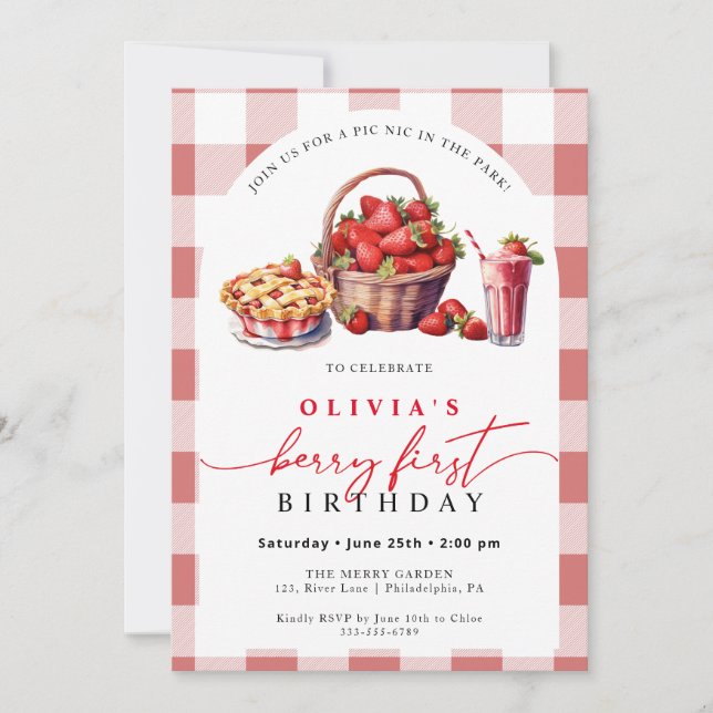 Berry First Birthday picnic gingham Invitation (Front)