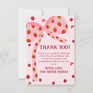 Berry First Birthday Pink Bow Strawberry Thank You Card