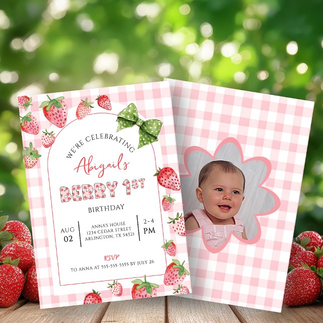 Berry First Birthday Pink Gingham Photo Invitation (Creator Uploaded)