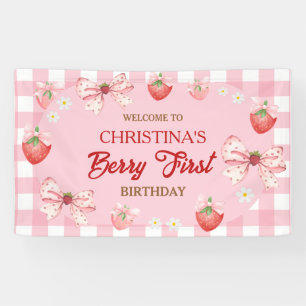 Berry first birthday pink gingham strawberry girl banner