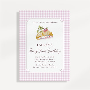 Berry First Birthday Pink Gingham Strawberry Invitation