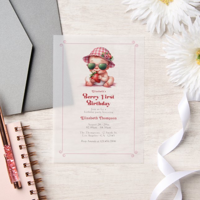Berry First Birthday Pink Gingham Strawberry Vellum Invitations (Wedding)