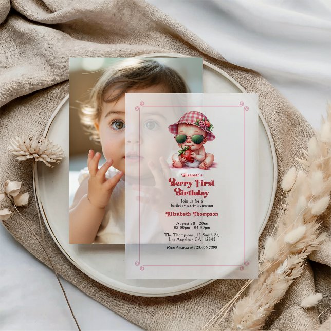Berry First Birthday Pink Gingham Strawberry Vellum Invitations (Berry First Birthday Pink Gingham Strawberry Vellum Invitations)