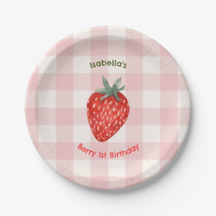 Berry First Birthday Pink & Plaid Paper Plates