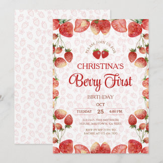 Berry first birthday pink strawberry cute girl invitation