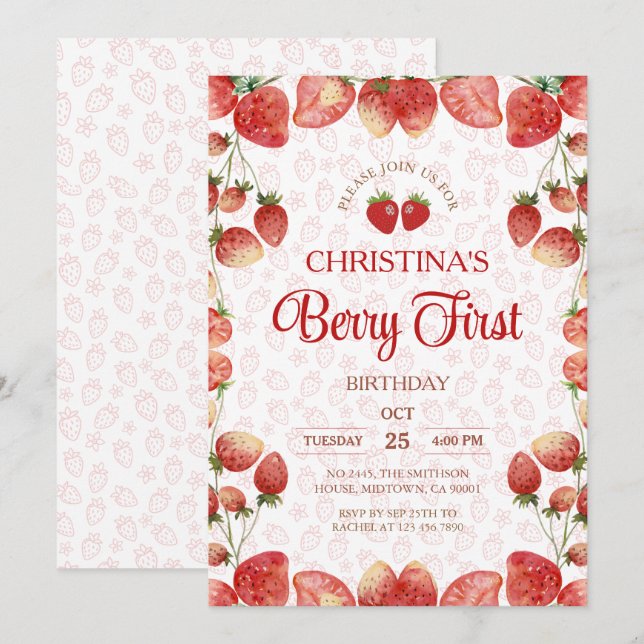 Berry first birthday pink strawberry cute girl invitation (Front/Back)