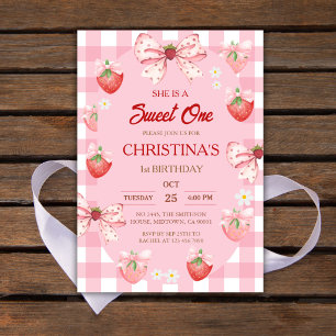 Berry first birthday pink strawberry gingham girl invitation