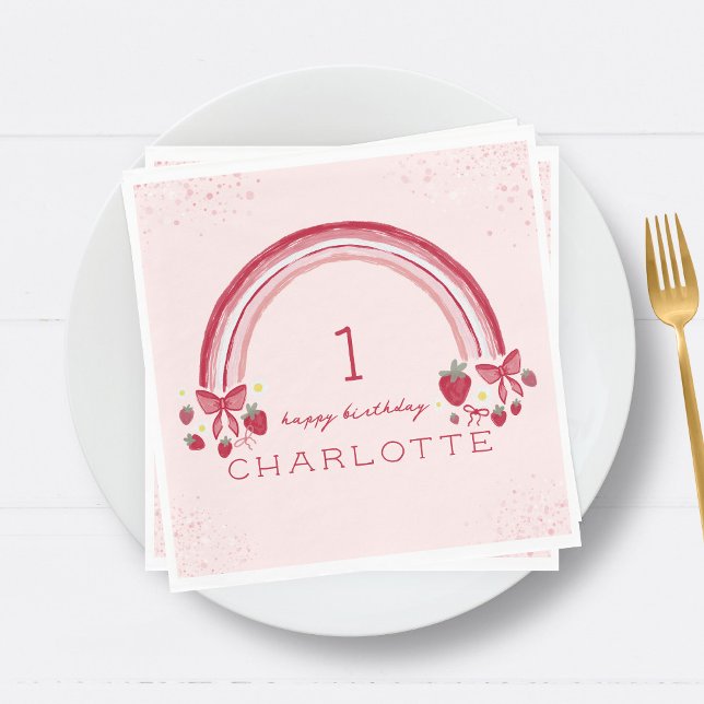 Berry First Birthday Rainbow Strawberry Bows Napkin (Creator Uploaded)