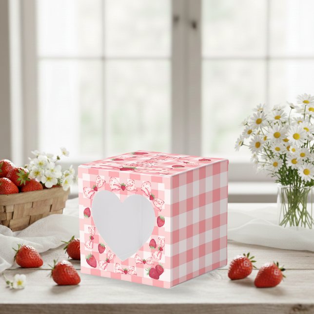 Berry First Birthday Red Gingham Bows Square Favour Box (Berry First Birthday Red Gingham Bows Square Favor Boxes - Heart 2x2x2)