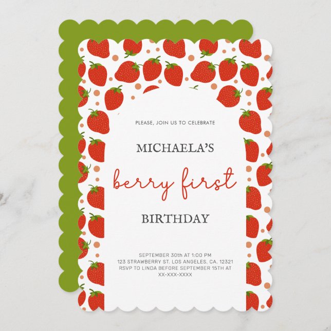 Berry First Birthday Red Strawberries Scallop Invitation (Front/Back)