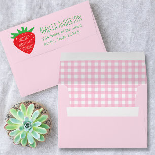 Berry First Birthday Red Strawberry Pink Gingham   Envelope