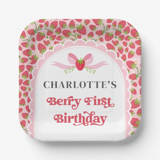 Berry First Birthday Strawberry 1st Birthday 7" Paper Plate (Front)