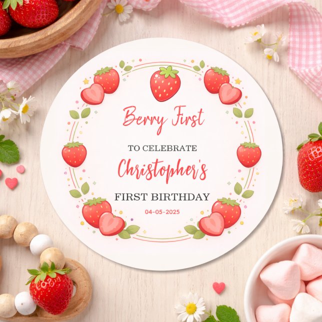Berry First Birthday | Strawberry 1st Birthday  Classic Round Sticker (Berry First Birthday | Strawberry 1st Birthday Classic Round Sticker)
