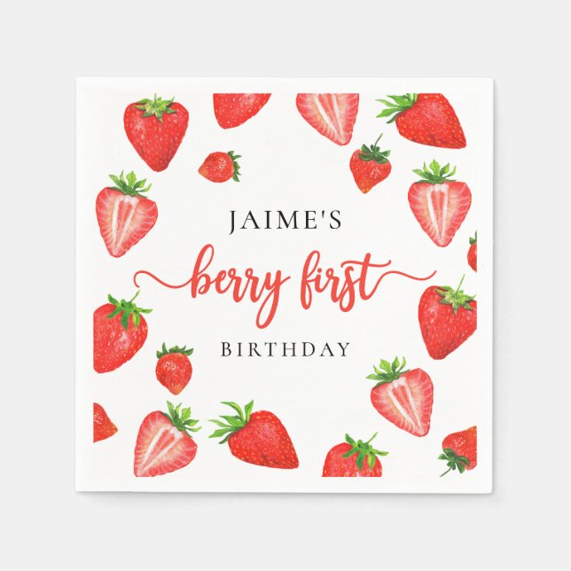 Berry First Birthday | Strawberry 1st Birthday Napkin (Front)
