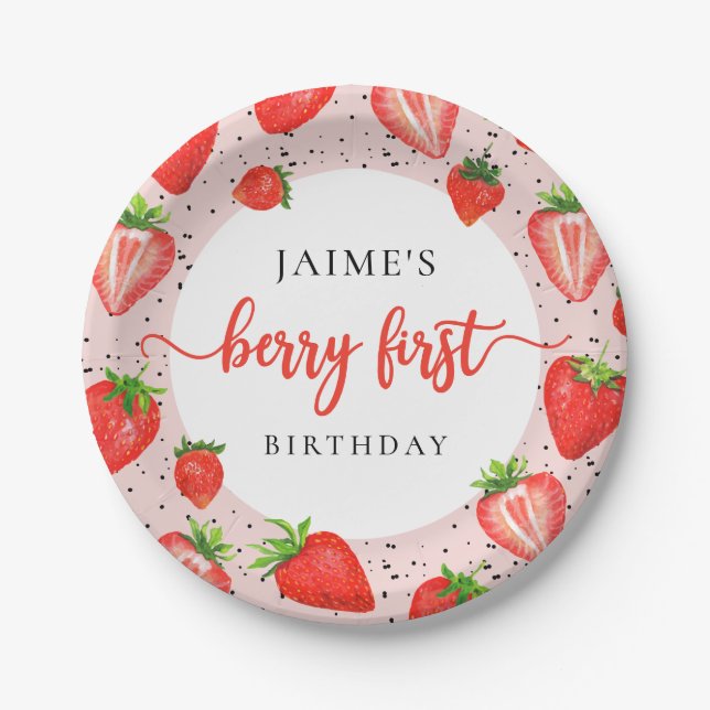 Berry First Birthday | Strawberry 1st Birthday Paper Plate (Front)