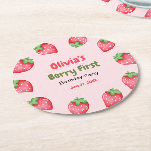 Berry First Birthday Strawberry 1st Birthday  Round Paper Coaster