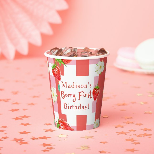 Berry First Birthday – Strawberry 1st Girl Party Paper Cups (Insitu)