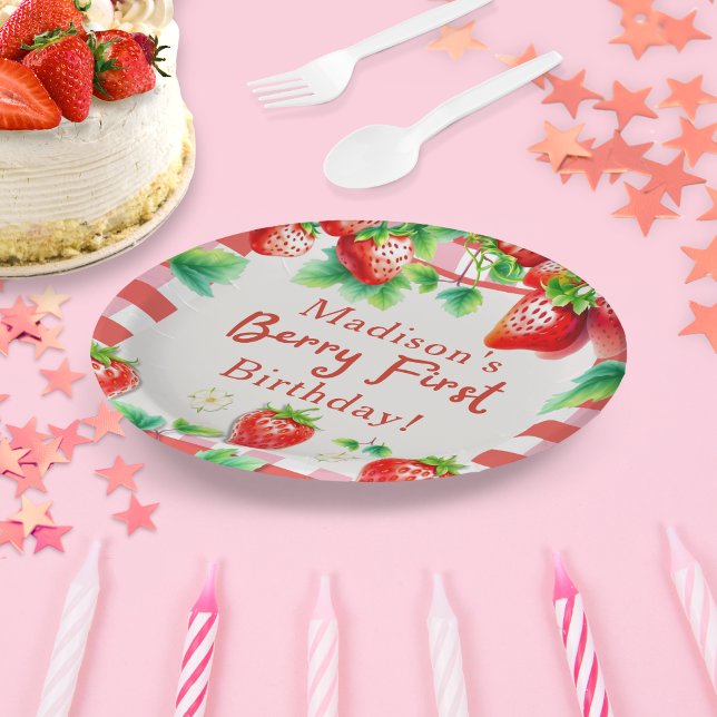 Berry First Birthday – Strawberry 1st Girl Party Paper Plate (Sweeten your celebration with this adorable “Berry First Birthday” party plate!)
