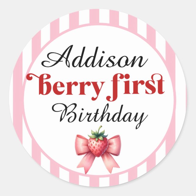   Berry First Birthday Strawberry and bow Classic Round Sticker (Front)